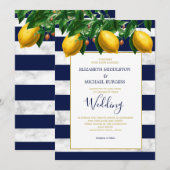 Lemon Botanical Navy White Stripe Marble Wedding Kaart (Voorkant / Achterkant)