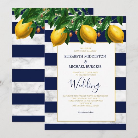 Lemon Botanical Navy White Stripe Marble Wedding Kaart (Voorkant / Achterkant)