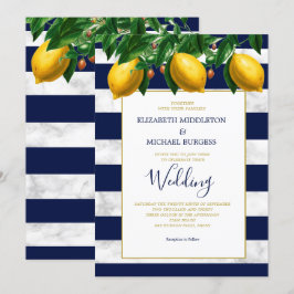 Lemon Botanical Navy White Stripe Marble Wedding Kaart