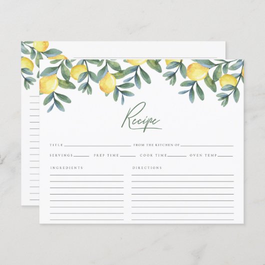 Lemon Botanische Bruiloft Feest Recept Kaart (Voorkant / Achterkant)