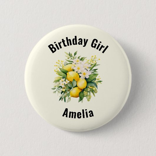 Lemon Bouquet with White Blossoms Birthday Girl Ronde Button 5,7 Cm (Voorkant)