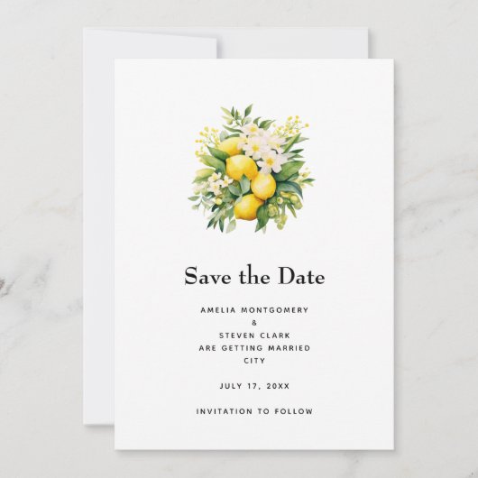 Lemon Bouquet with White Blossoms Wedding Save The Date (Voorkant)