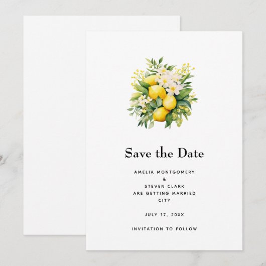 Lemon Bouquet with White Blossoms Wedding Save The Date (Voorkant / Achterkant)