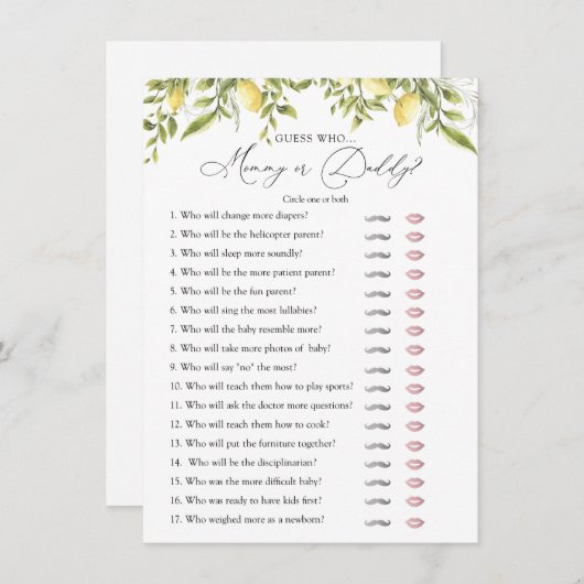 Lemon Branches Baby Raad wie douche spel Kaart (Voorkant / Achterkant)