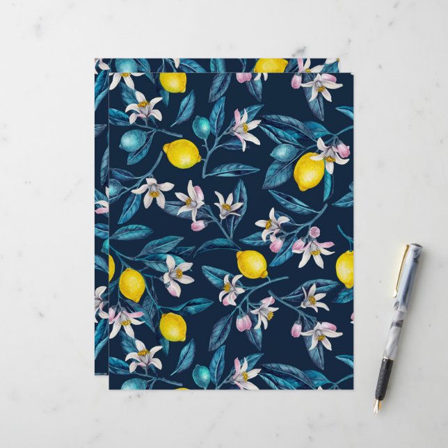 Lemon branches with blossoms and fruit on blue (Voorkant / Achterkant in situ)