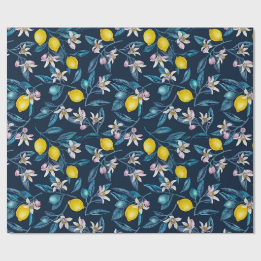 Lemon branches with blossoms and fruit on blue cadeaupapier (Vlak)