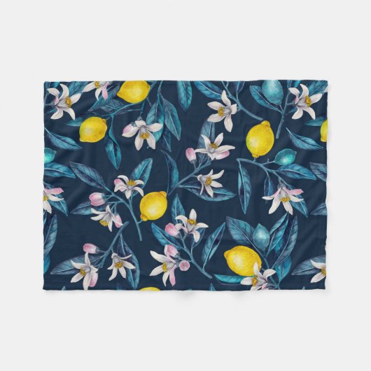 Lemon branches with blossoms and fruit on blue fleece deken (Voorkant (Horizontaal))