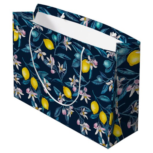 Lemon branches with blossoms and fruit on blue groot cadeauzakje (Achterkant Gekanteld)