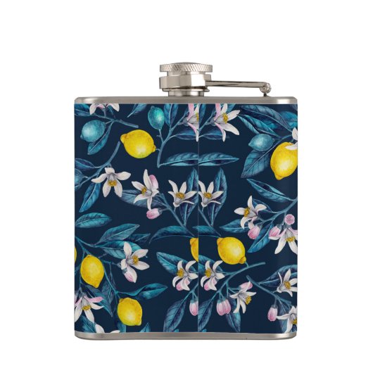 Lemon branches with blossoms and fruit on blue heupfles (Achterkant)