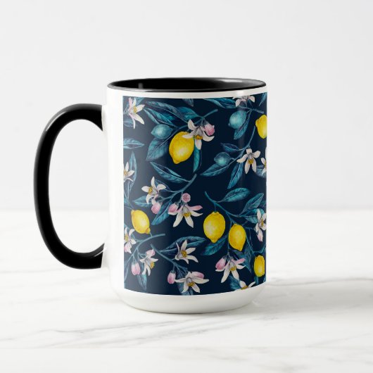 Lemon branches with blossoms and fruit on blue mok (Links)