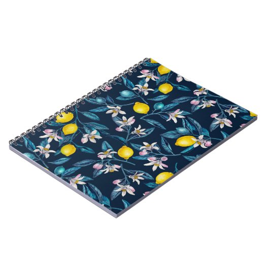 Lemon branches with blossoms and fruit on blue not notitieboek (Linkerzijde)