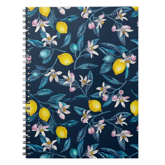 Lemon branches with blossoms and fruit on blue not notitieboek (Voorkant)