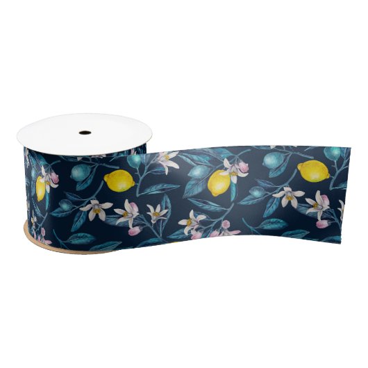 Lemon branches with blossoms and fruit on blue satijnen lint (Spoel)