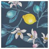 Lemon branches with blossoms and fruit on blue stof (Swatch)