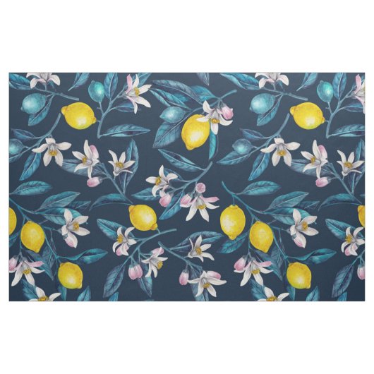 Lemon branches with blossoms and fruit on blue stof (Fat Quarter)