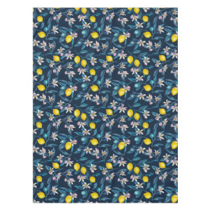 Lemon branches with blossoms and fruit on blue tafelkleed