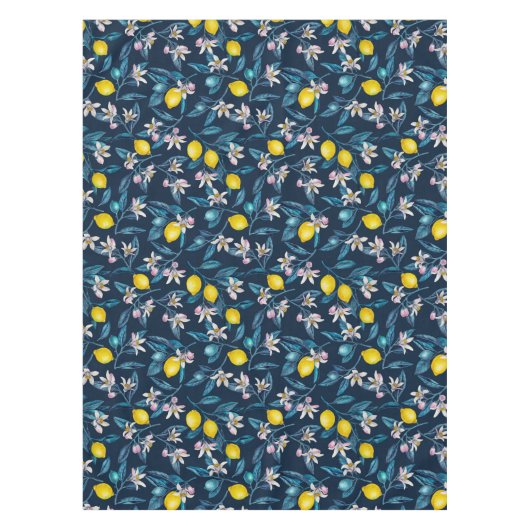 Lemon branches with blossoms and fruit on blue tafelkleed (Voorkant)