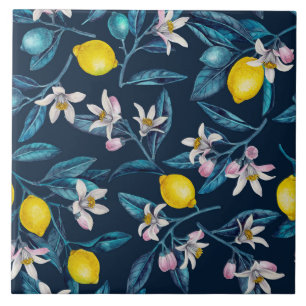 Lemon branches with blossoms and fruit on blue tegeltje