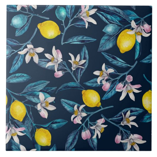 Lemon branches with blossoms and fruit on blue tegeltje (Voorkant)