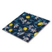 Lemon branches with blossoms and fruit on blue tegeltje (Zijkant)