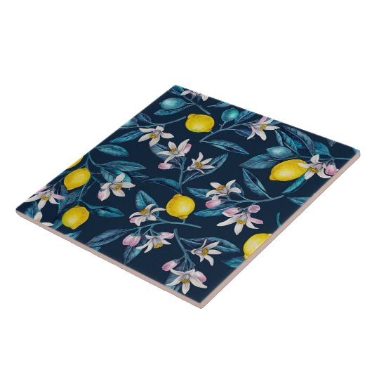 Lemon branches with blossoms and fruit on blue tegeltje (Zijkant)