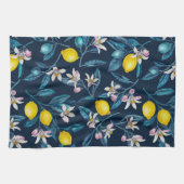 Lemon branches with blossoms and fruit on blue theedoek (Horizontaal)