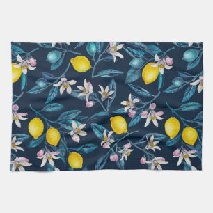 Lemon branches with blossoms and fruit on blue theedoek