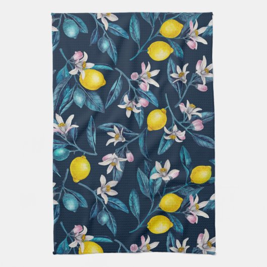 Lemon branches with blossoms and fruit on blue theedoek (Verticaal)