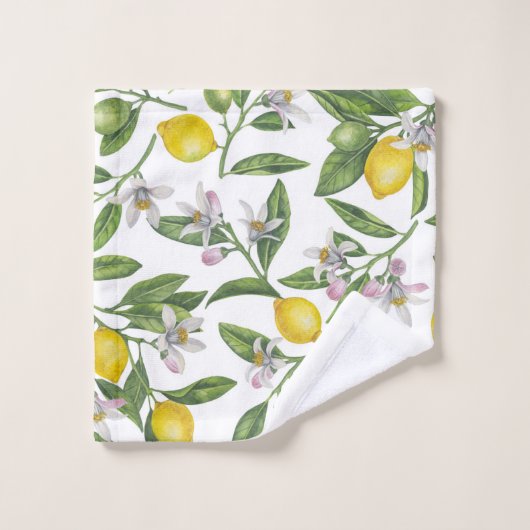Lemon branches with blossoms and fruit on white bad handdoek (Wasdoekje)