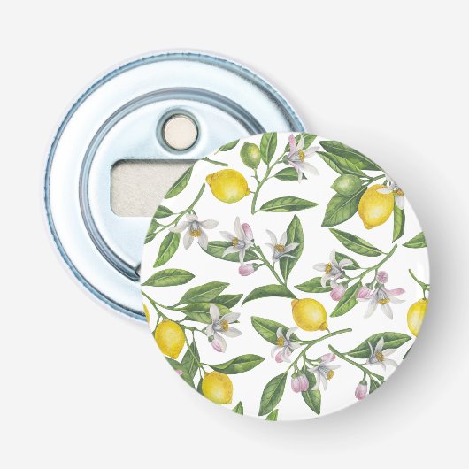 Lemon branches with blossoms and fruit on white button flesopener (Voorkant)