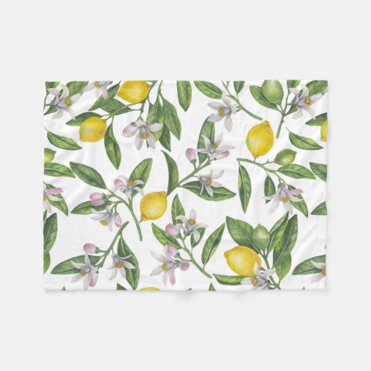 Lemon branches with blossoms and fruit on white fleece deken (Voorkant (Horizontaal))