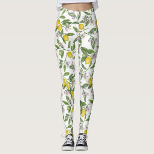 Lemon branches with blossoms and fruit on white leggings