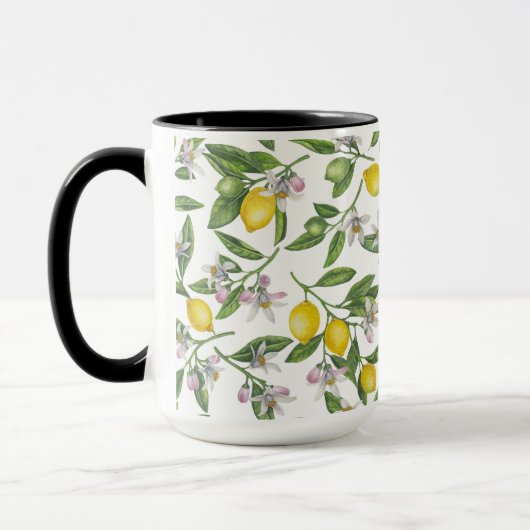 Lemon branches with blossoms and fruit on white mok (Links)