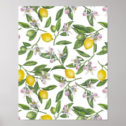 Lemon branches with blossoms and fruit on white poster (Voorkant)