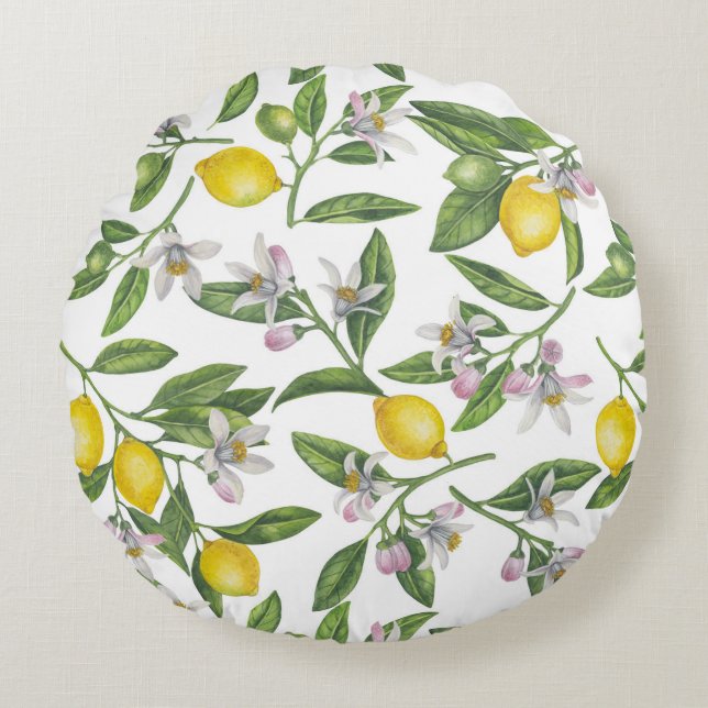 Lemon branches with blossoms and fruit on white rond kussen (Voorkant)