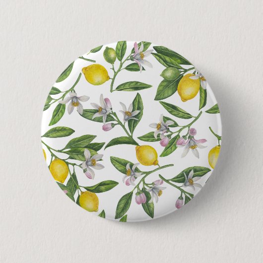 Lemon branches with blossoms and fruit on white ronde button 5,7 cm (Voorkant)