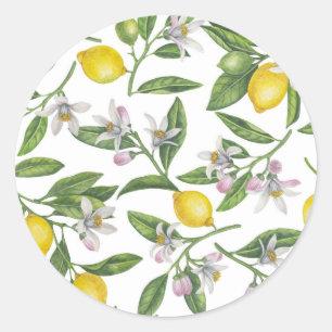 Lemon branches with blossoms and fruit on white ronde sticker
