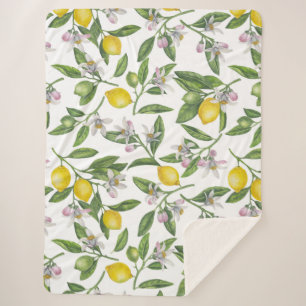 Lemon branches with blossoms and fruit on white sherpa deken