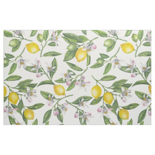 Lemon branches with blossoms and fruit on white stof (Fat Quarter)