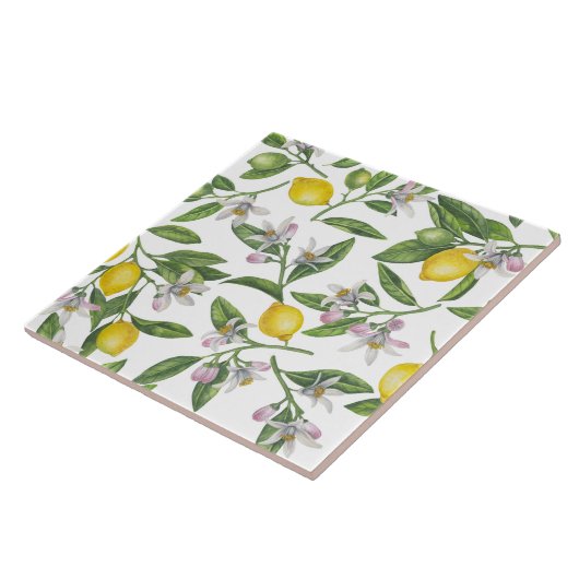 Lemon branches with blossoms and fruit on white tegeltje (Zijkant)