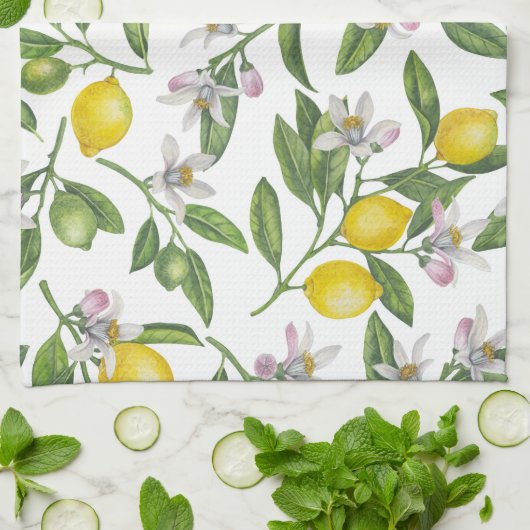 Lemon branches with blossoms and fruit on white theedoek (Gevouwen)