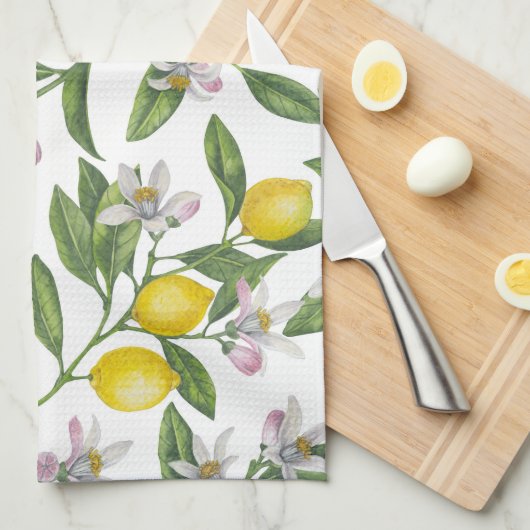 Lemon branches with blossoms and fruit on white theedoek (Quarter Fold)
