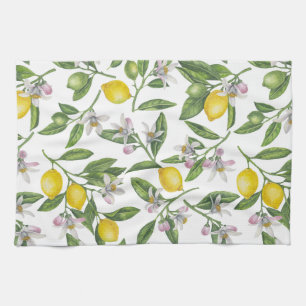 Lemon branches with blossoms and fruit on white theedoek