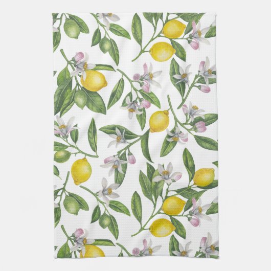 Lemon branches with blossoms and fruit on white theedoek (Verticaal)