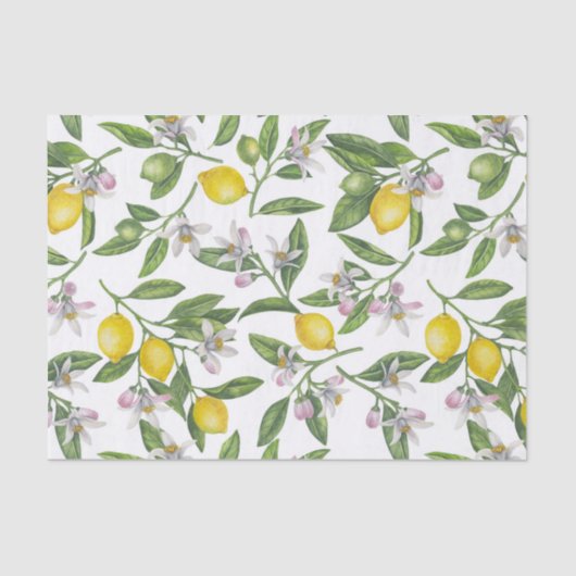 Lemon branches with blossoms and fruit on white tissuepapier (Voorkant)