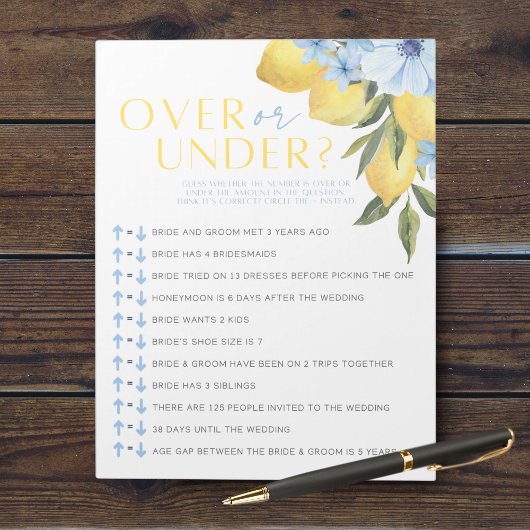 Lemon Bridal Over or Under Shower Game Pack Notitieblok