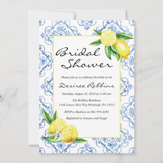 Lemon Bridal Shower Invitation, Blue Tegel Italiaa Kaart (Voorkant)
