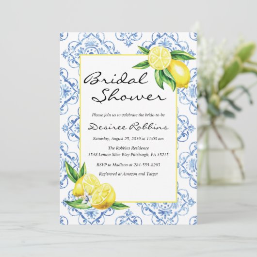 Lemon Bridal Shower Invitation, Blue Tegel Italiaa Kaart (Staand voorkant)