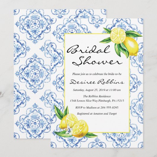 Lemon Bridal Shower Invitation, Blue Tegel Italiaa Kaart (Voorkant / Achterkant)