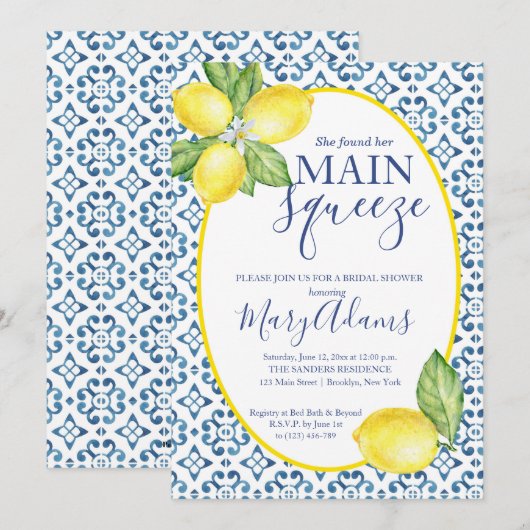 Lemon Bridal Shower Invitation, Blue Tegel Italiaa Kaart (Voorkant / Achterkant)